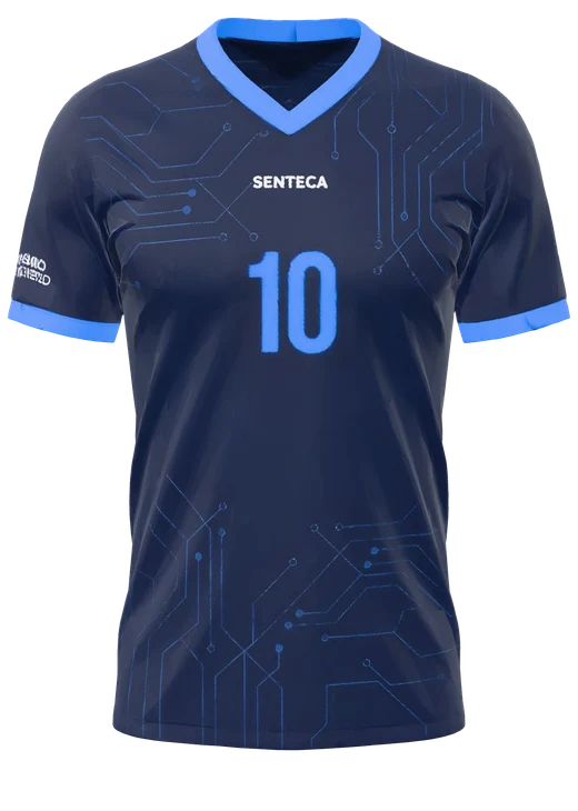 Senteca Sports match shirt — navy kit with circuit-loop pattern