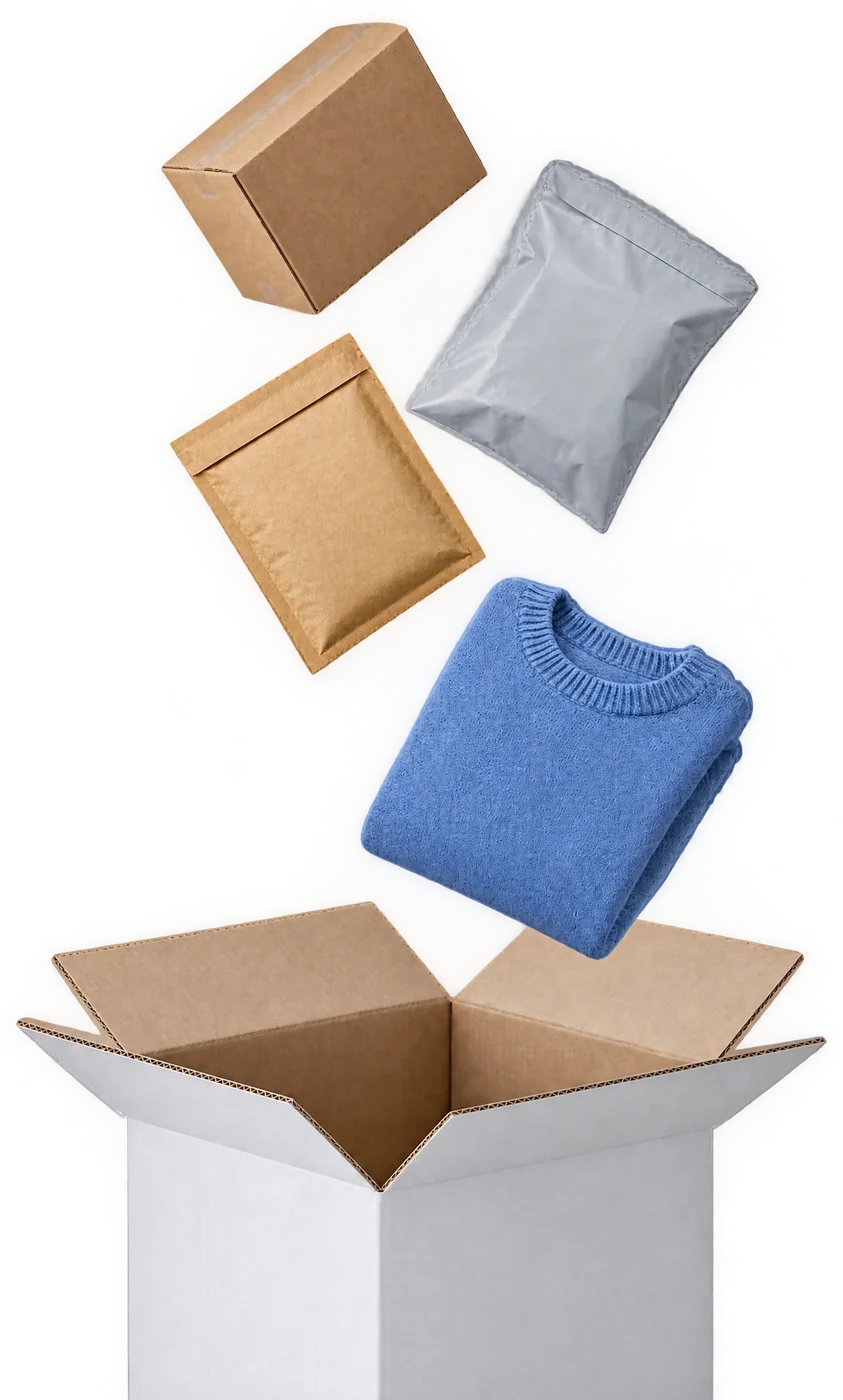Parcels of different kinds and a sweater falling into one open box