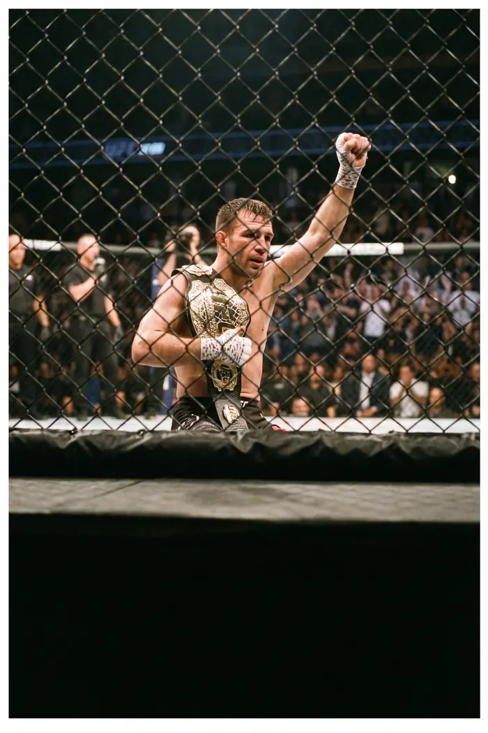 A champion holding a title belt inside the cage