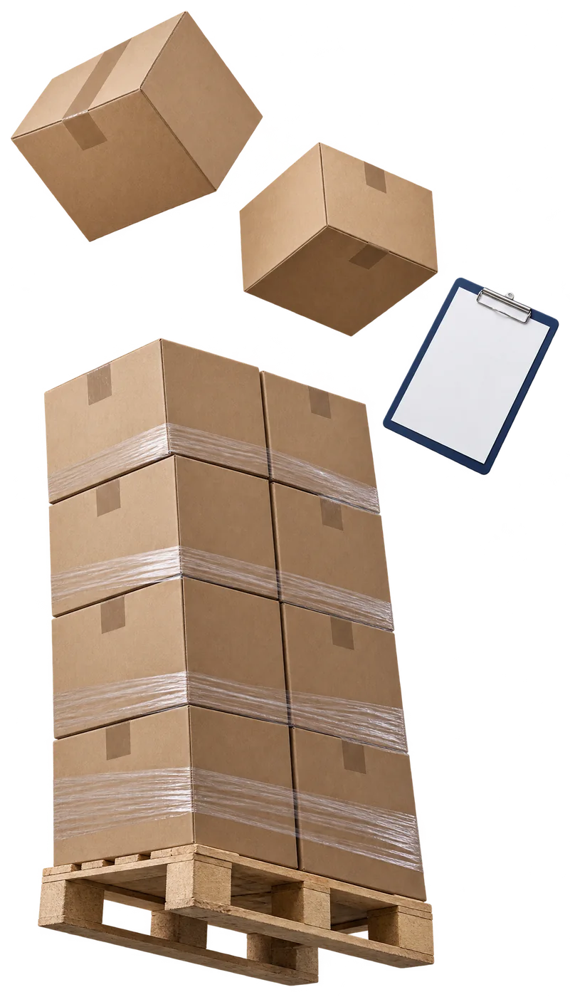 A shrink-wrapped pallet of shipping cartons with two cartons and a clipboard lifting off it