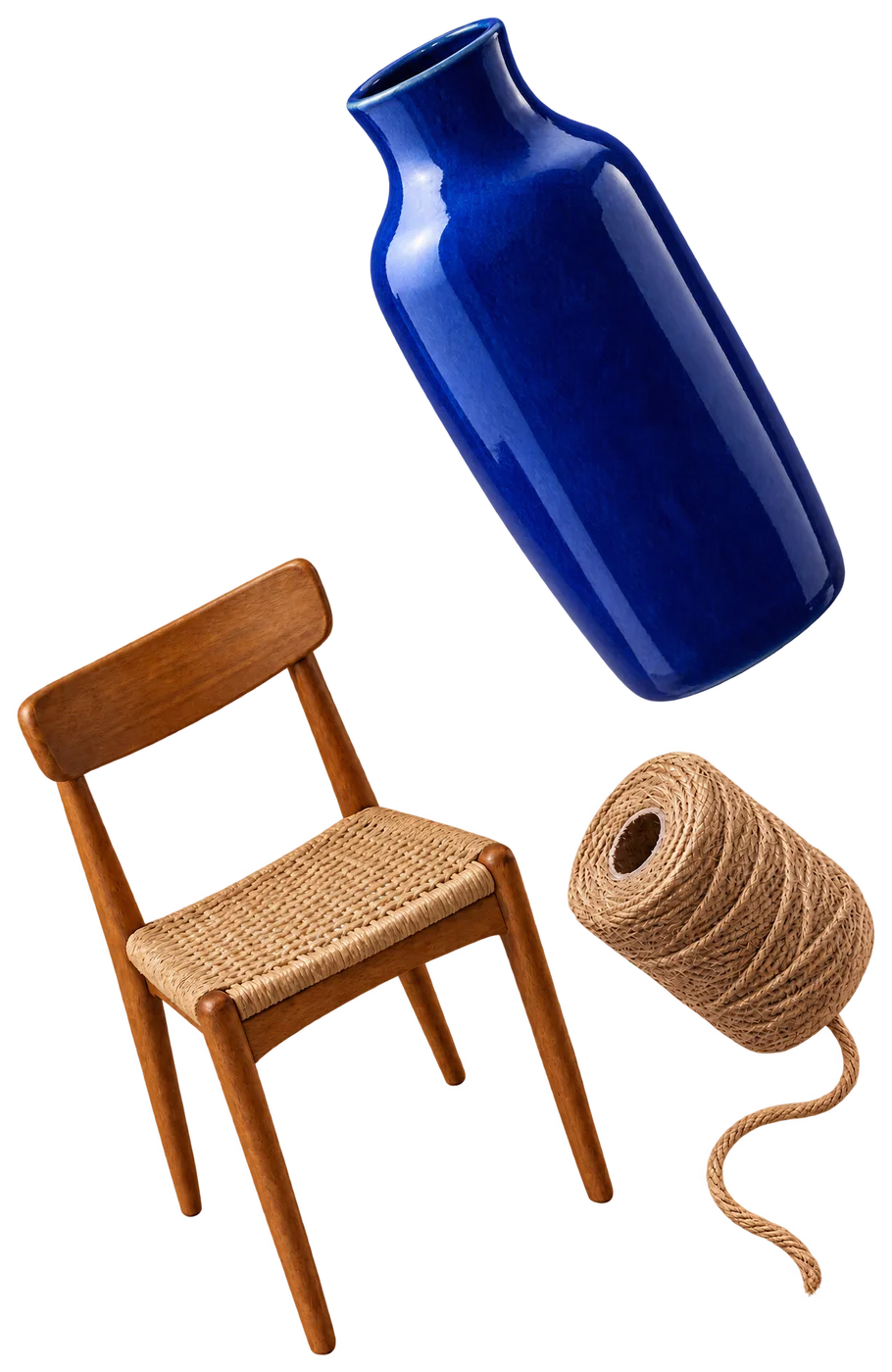 A cobalt-blue ceramic vase, a wooden chair and a roll of twine floating in the air