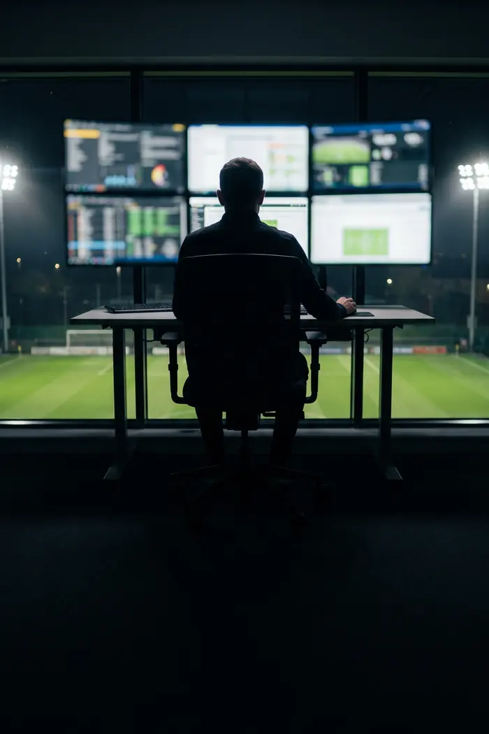 An analyst at a wall of screens overlooking a floodlit pitch